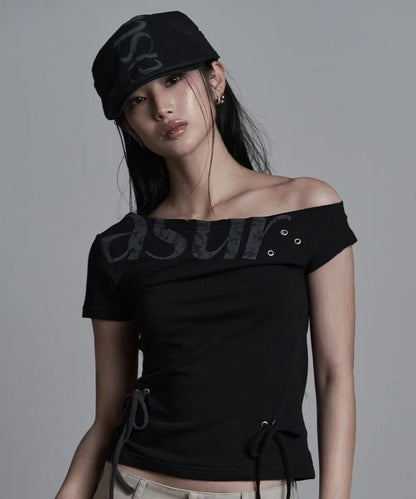 asur Punching Unbalance Off-shoulder T-shirt - 3 colors