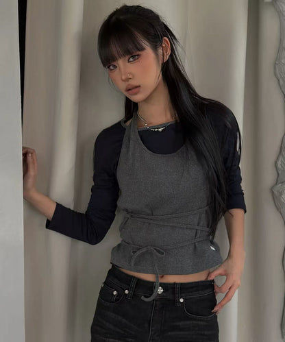 secondsalt Strap Layered Ribbed Halter Long Sleeve Top - 7 colors