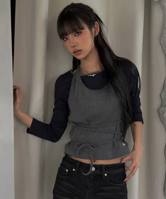 secondsalt Strap Layered Ribbed Halter Long Sleeve Top - 7 colors