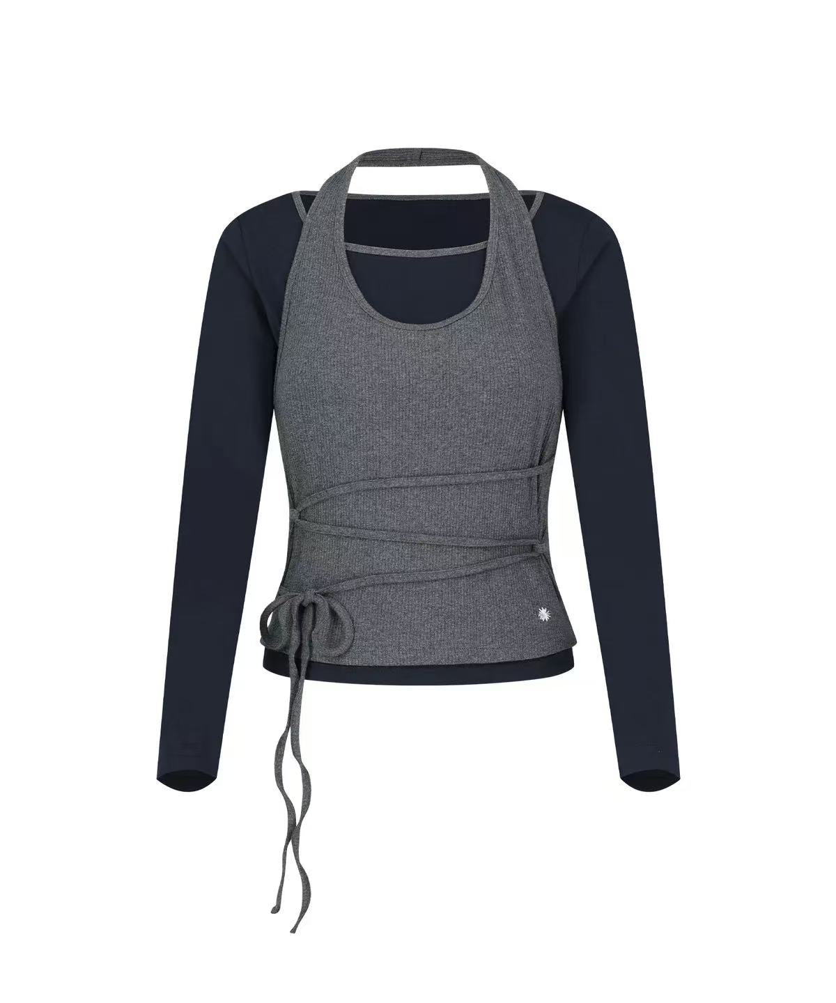 secondsalt Strap Layered Ribbed Halter Long Sleeve Top - 7 colors