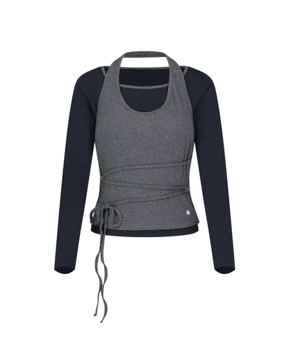 secondsalt Strap Layered Ribbed Halter Long Sleeve Top - 7 colors