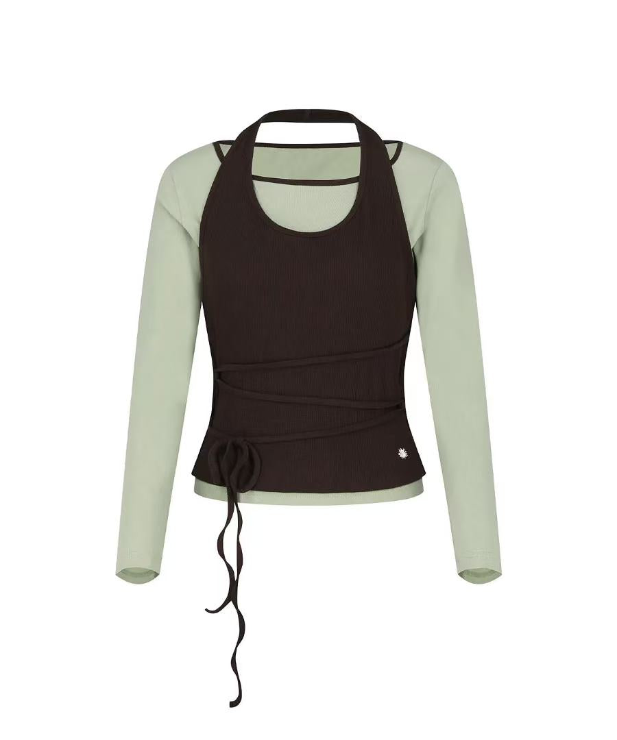 secondsalt Strap Layered Ribbed Halter Long Sleeve Top - 7 colors