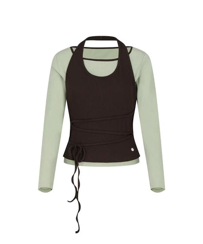 secondsalt Strap Layered Ribbed Halter Long Sleeve Top - 7 colors