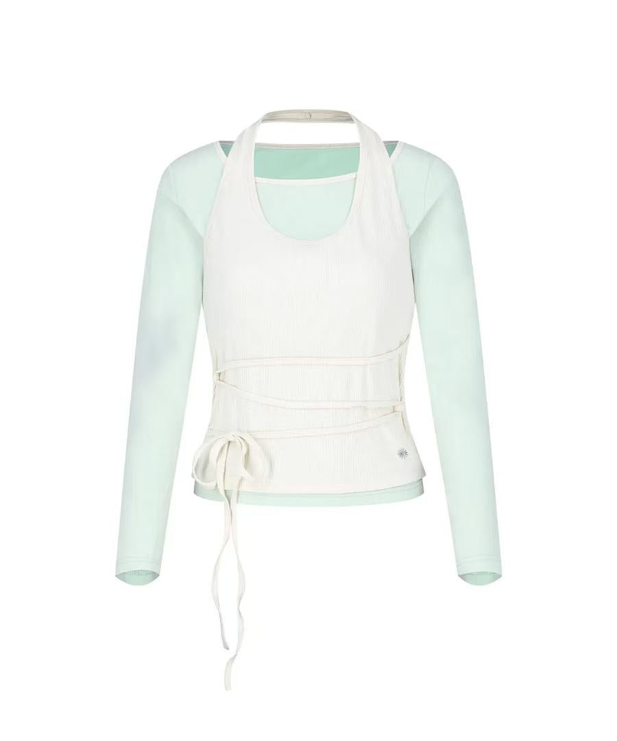 secondsalt Strap Layered Ribbed Halter Long Sleeve Top - 7 colors