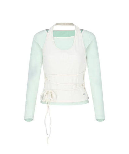 secondsalt Strap Layered Ribbed Halter Long Sleeve Top - 7 colors