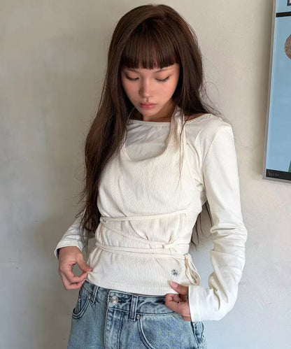 secondsalt Strap Layered Ribbed Halter Long Sleeve Top - 7 colors
