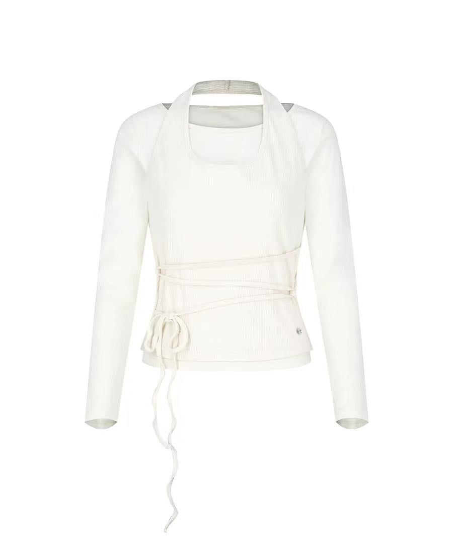 secondsalt Strap Layered Ribbed Halter Long Sleeve Top - 7 colors