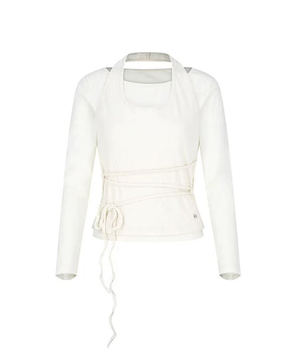 secondsalt Strap Layered Ribbed Halter Long Sleeve Top - 7 colors