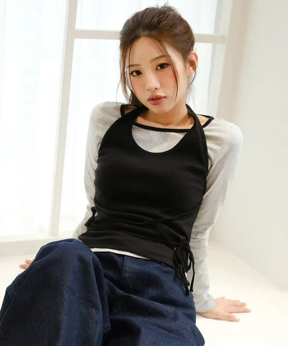 secondsalt Strap Layered Ribbed Halter Long Sleeve Top - 7 colors