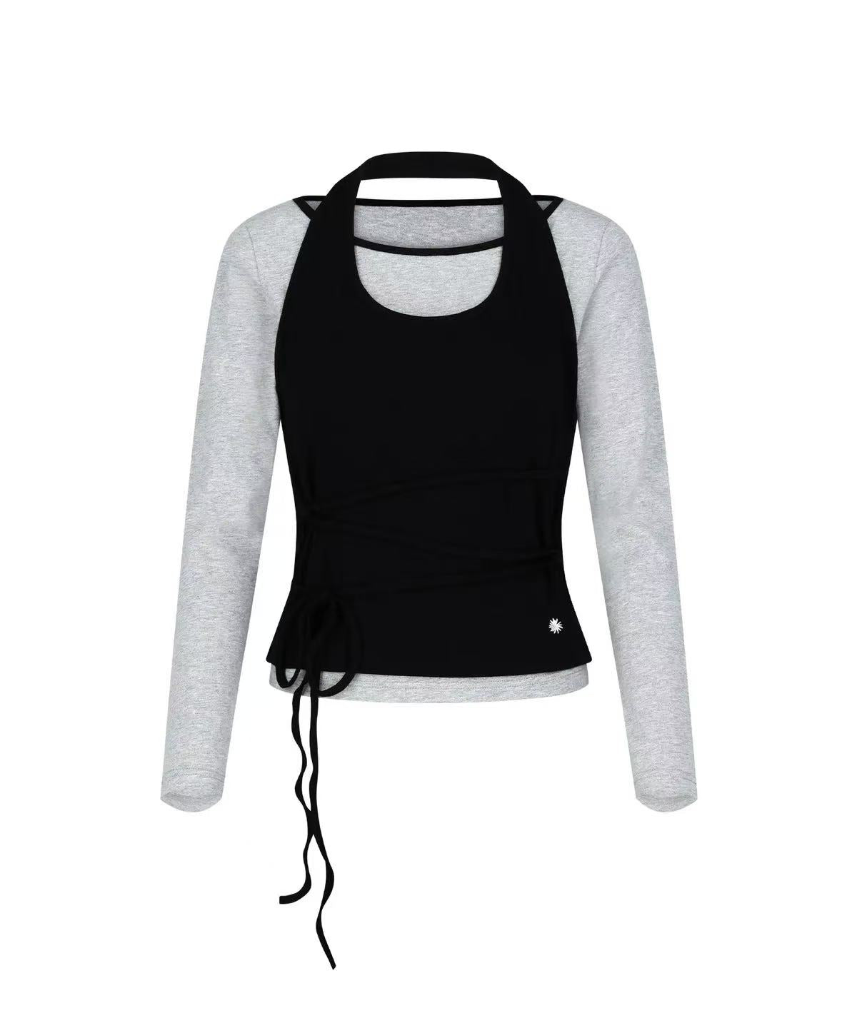 secondsalt Strap Layered Ribbed Halter Long Sleeve Top - 7 colors