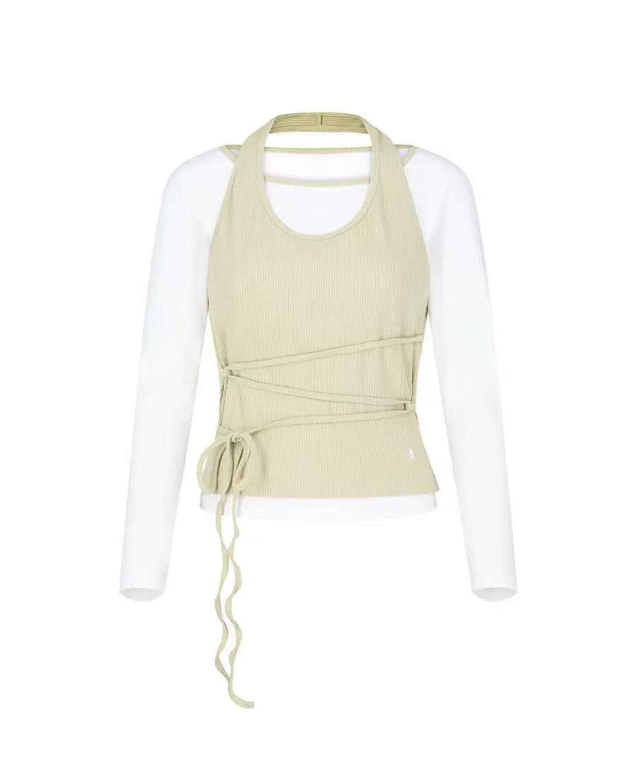 secondsalt Strap Layered Ribbed Halter Long Sleeve Top - 7 colors