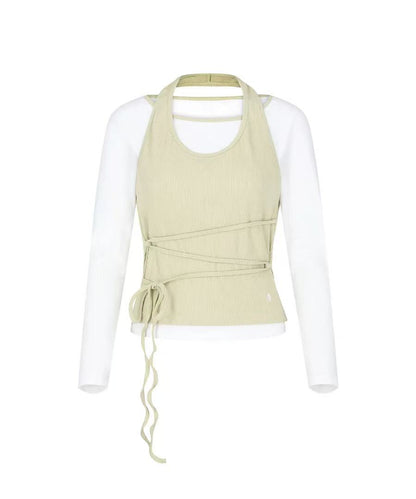 secondsalt Strap Layered Ribbed Halter Long Sleeve Top - 7 colors