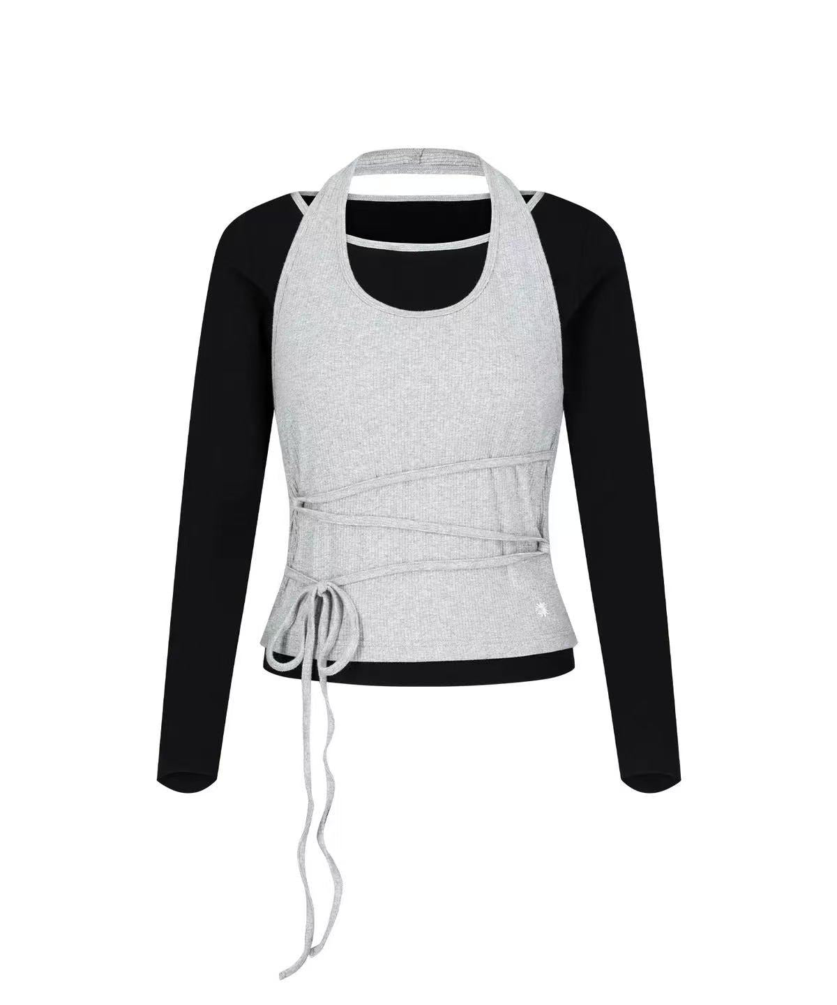 secondsalt Strap Layered Ribbed Halter Long Sleeve Top - 7 colors
