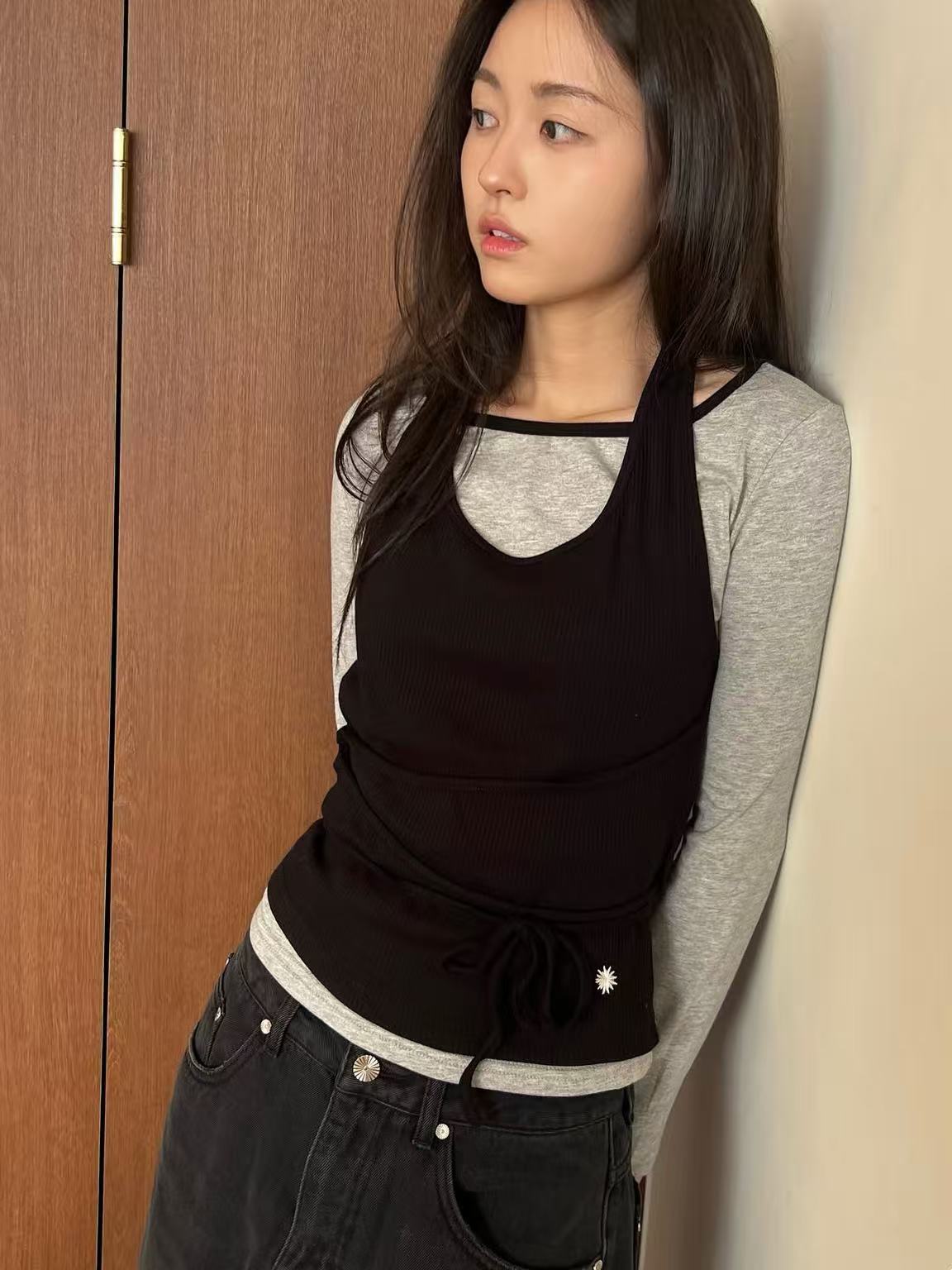 secondsalt Strap Layered Ribbed Halter Long Sleeve Top - 7 colors