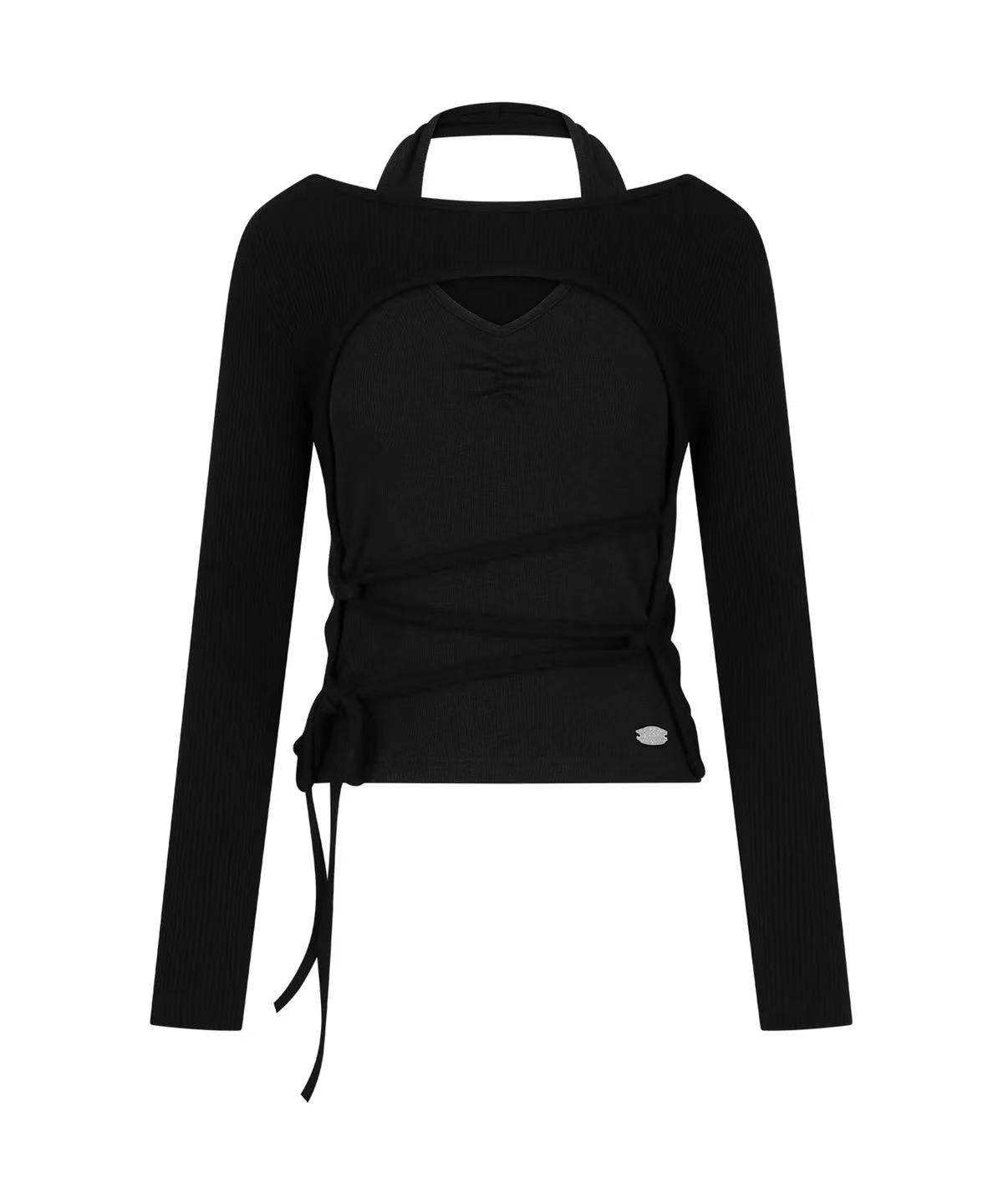 secondsalt Ribbed Halter Layered Wrap Long Sleeve Top - 2 colors
