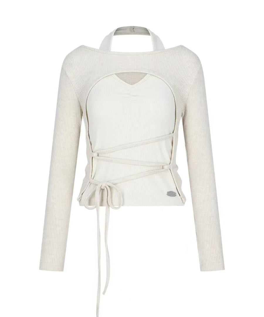 secondsalt Ribbed Halter Layered Wrap Long Sleeve Top - 2 colors