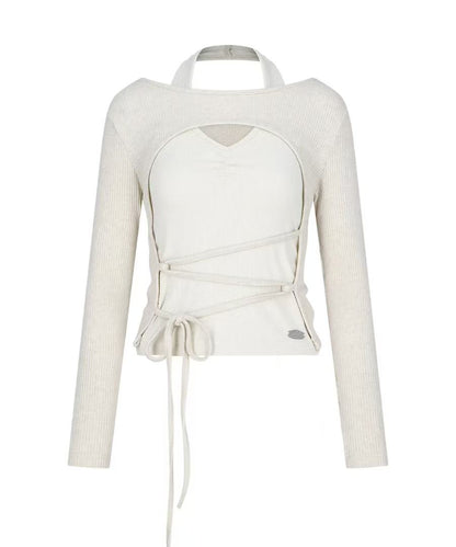 secondsalt Ribbed Halter Layered Wrap Long Sleeve Top - 2 colors