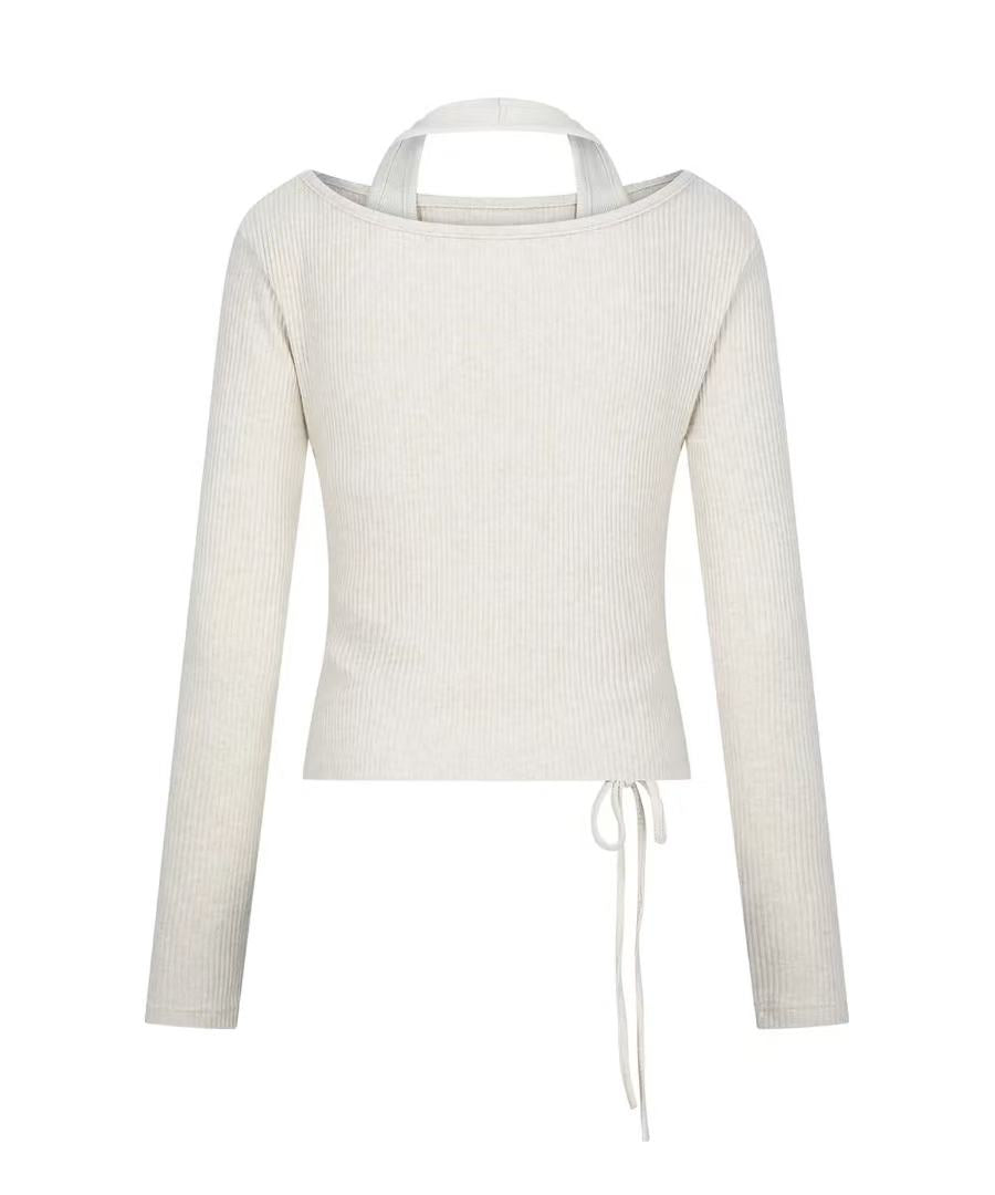 secondsalt Ribbed Halter Layered Wrap Long Sleeve Top - 2 colors