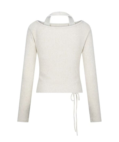secondsalt Ribbed Halter Layered Wrap Long Sleeve Top - 2 colors
