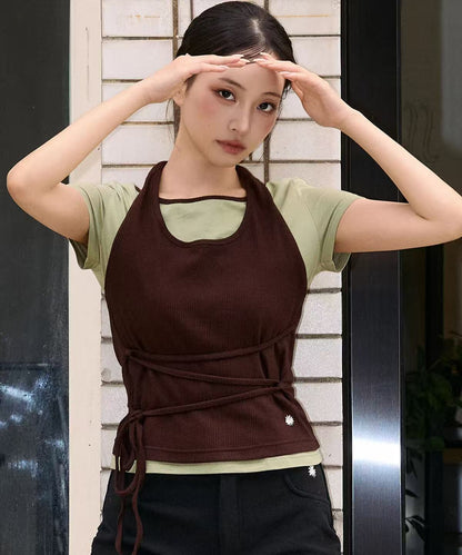 secondsalt Strap Layered Ribbed Halterneck T-shirt - 6 colors