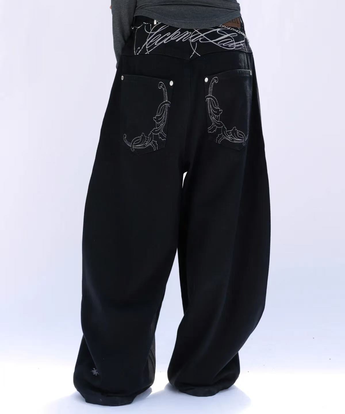 secondsalt Cali Ornament Embroidered Curved Denim Pants - 2 colors