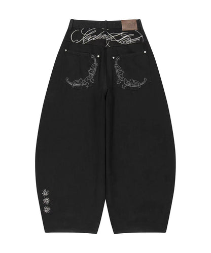 secondsalt Cali Ornament Embroidered Curved Denim Pants - 2 colors