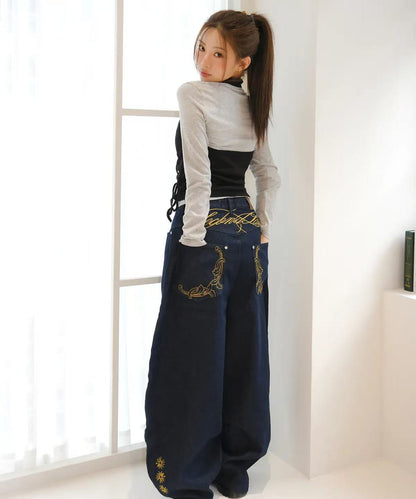 secondsalt Cali Ornament Embroidered Curved Denim Pants - 2 colors
