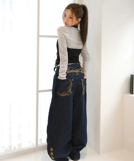 secondsalt Cali Ornament Embroidered Curved Denim Pants - 2 colors