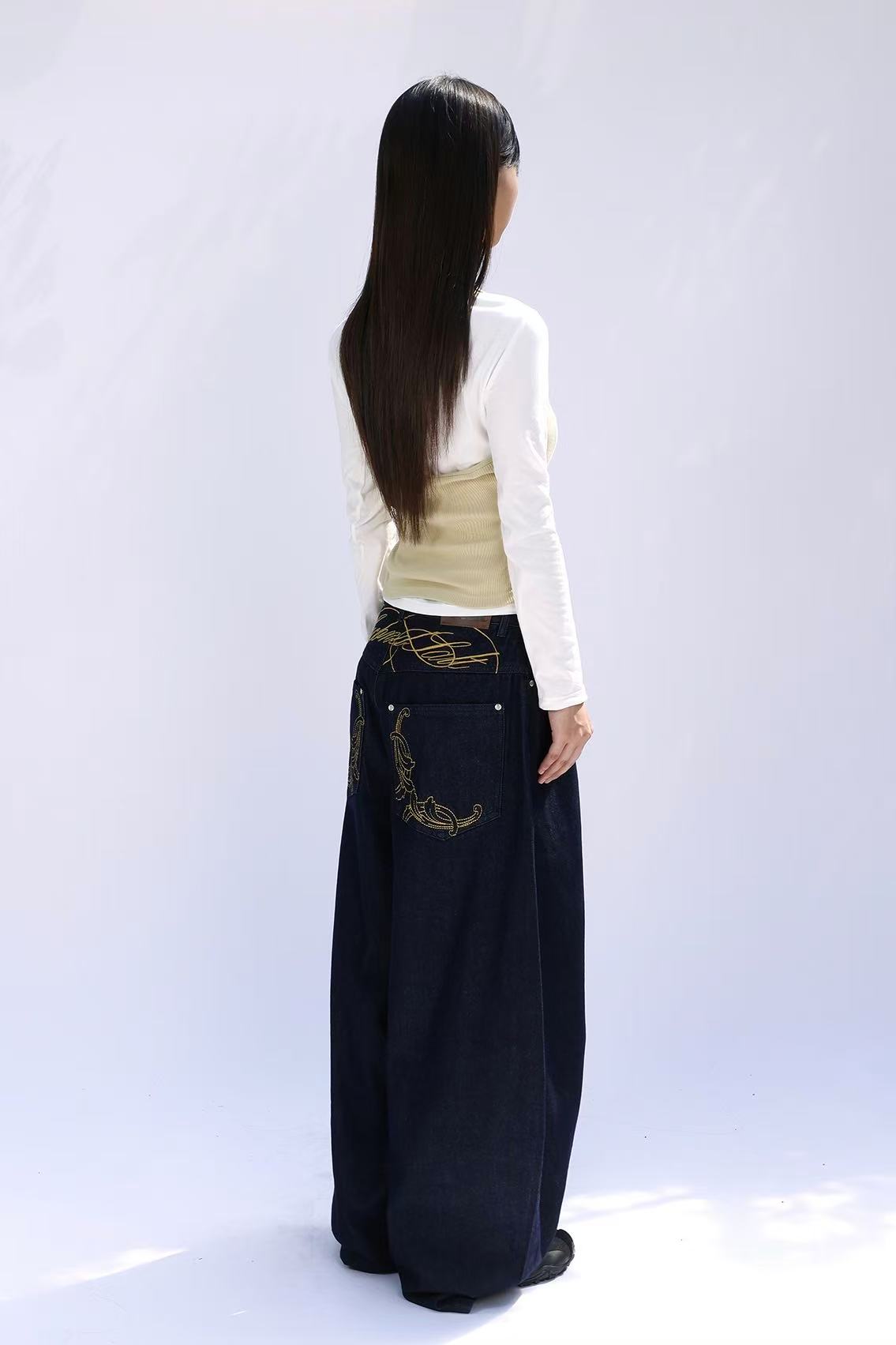 secondsalt Cali Ornament Embroidered Curved Denim Pants - 2 colors