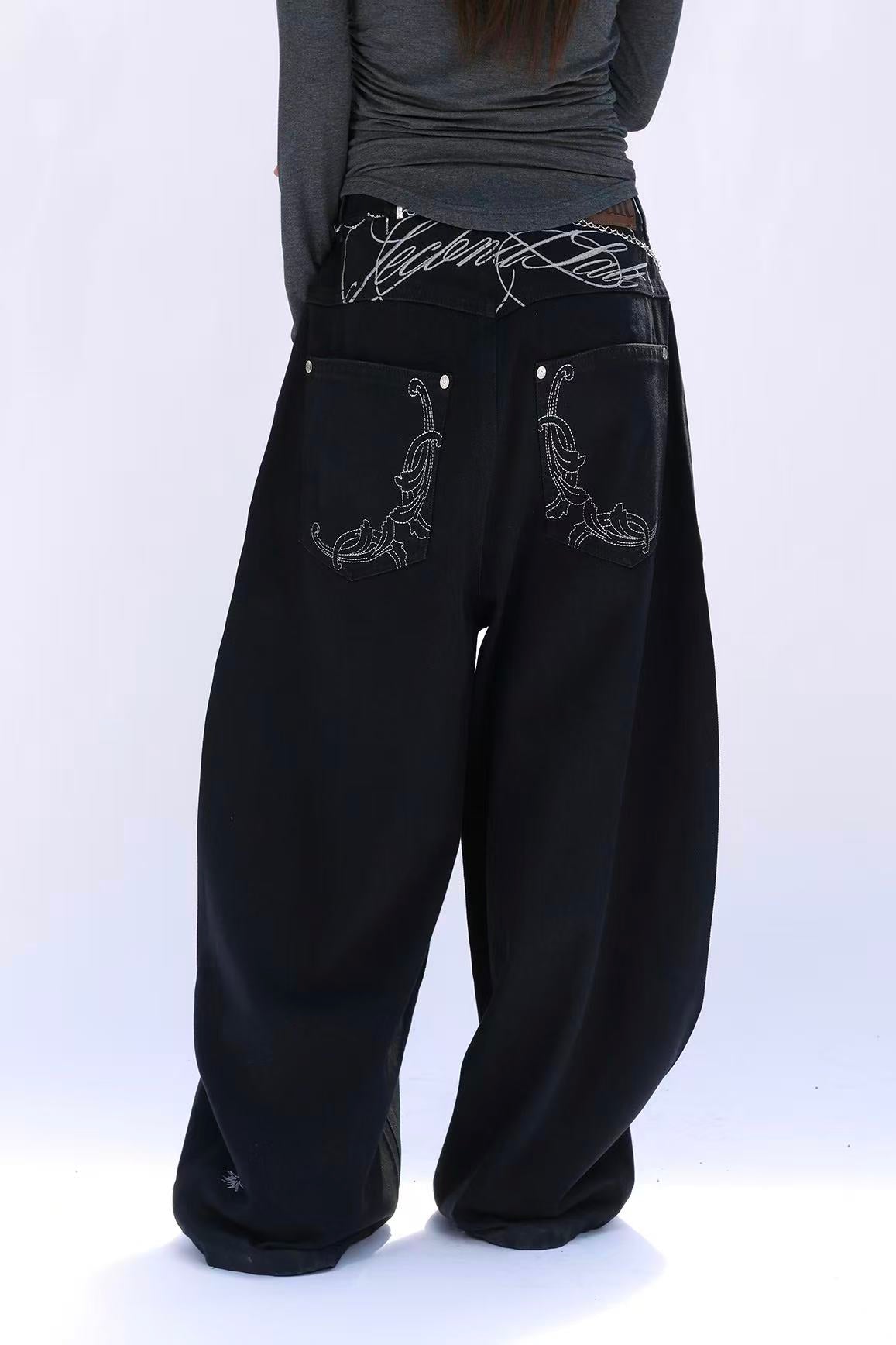 secondsalt Cali Ornament Embroidered Curved Denim Pants - 2 colors