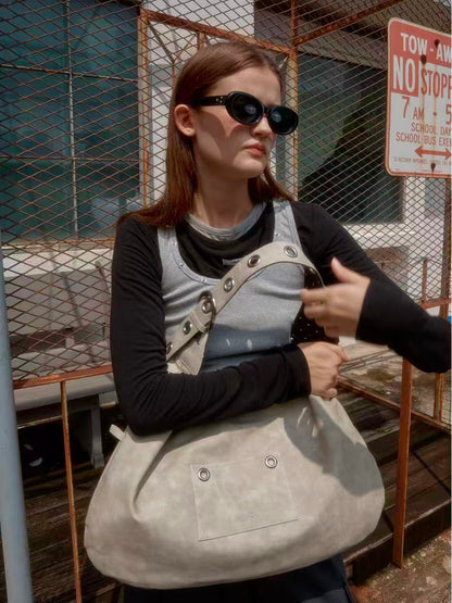 Leterie Buckle Reversible Shoulder Bag - leather grey