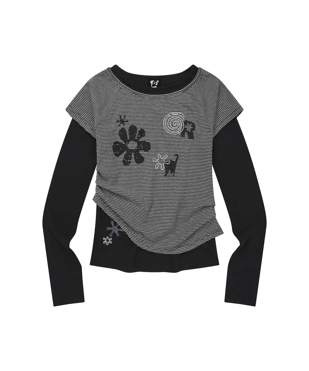 LMR Motif Embroidered Stripe Fabric Layered LS T-shirt - 2 colors