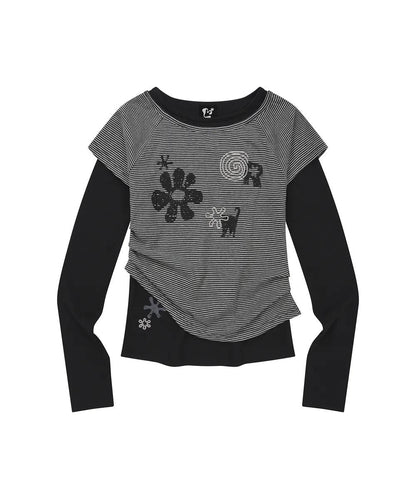 LMR Motif Embroidered Stripe Fabric Layered LS T-shirt - 2 colors