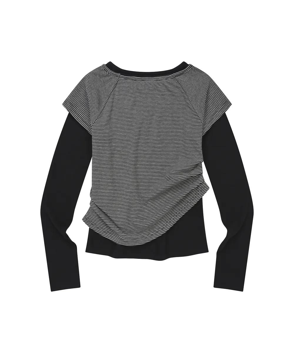 LMR Motif Embroidered Stripe Fabric Layered LS T-shirt - 2 colors