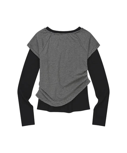 LMR Motif Embroidered Stripe Fabric Layered LS T-shirt - 2 colors