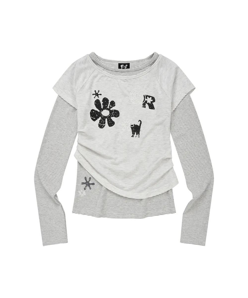 LMR Motif Embroidered Stripe Fabric Layered LS T-shirt - 2 colors