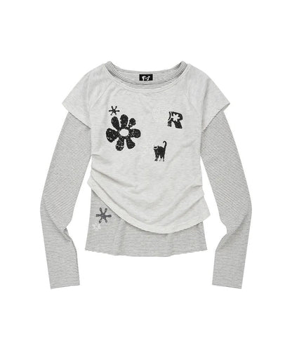 LMR Motif Embroidered Stripe Fabric Layered LS T-shirt - 2 colors